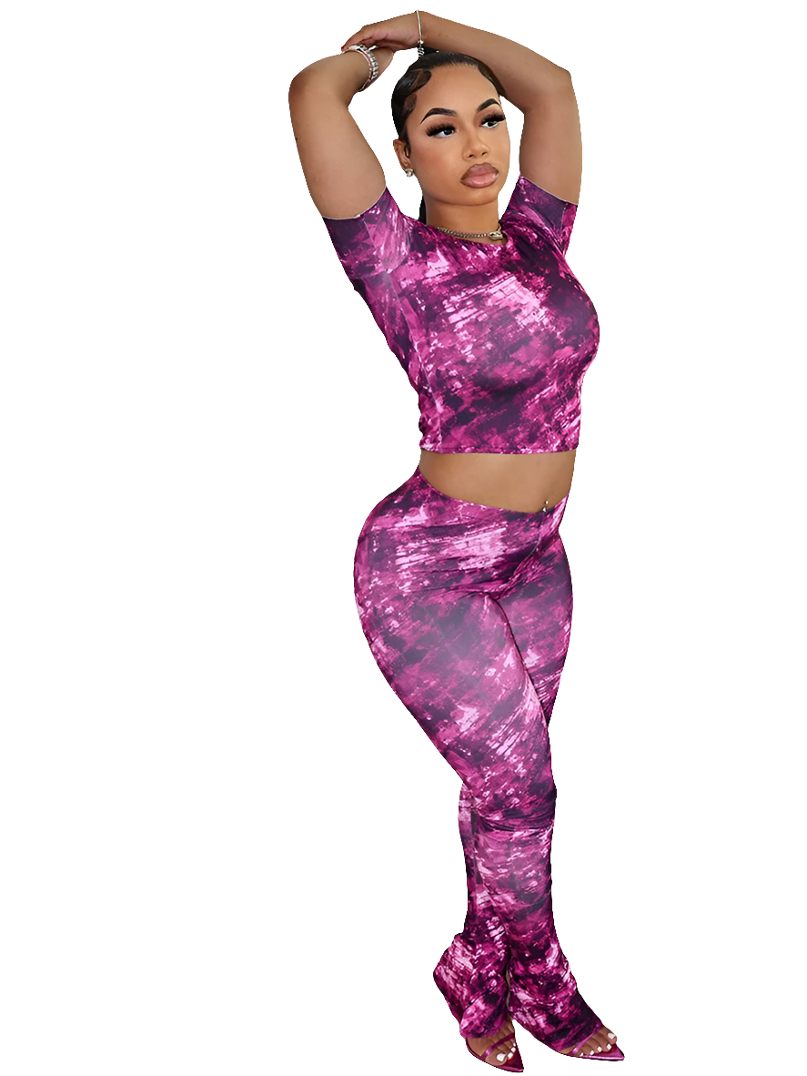 Purple Tie-Dye Print Short Sleeve O-Neck Bandage Crop Top + Skin Tight Leggings 2-Piece Set