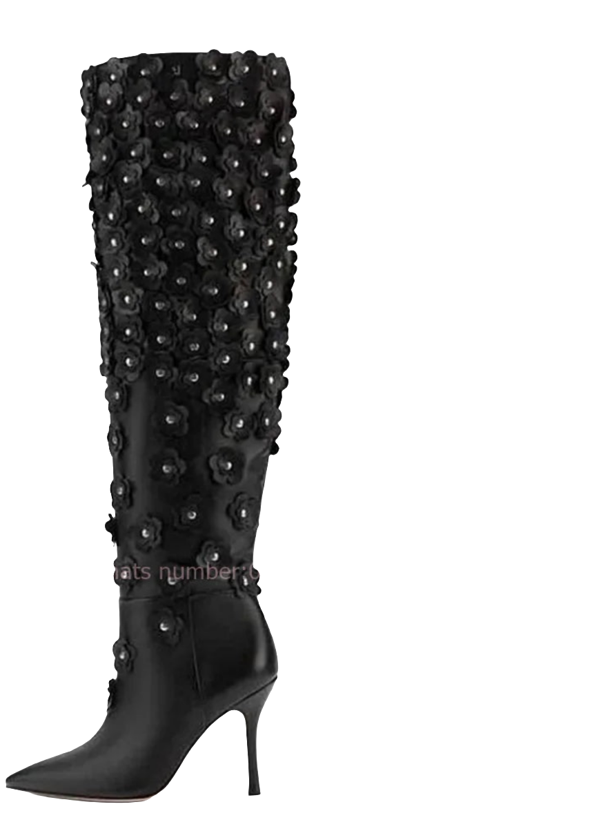 Black Leather Rhinestone Floral Embellished Pointed Toe Knee-High Stiletto Heel Slip-On Women's Boots