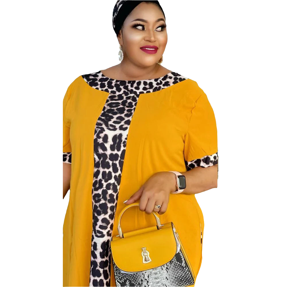 African Oversized Colorblock Leopard Short Sleeve Maxi Dress