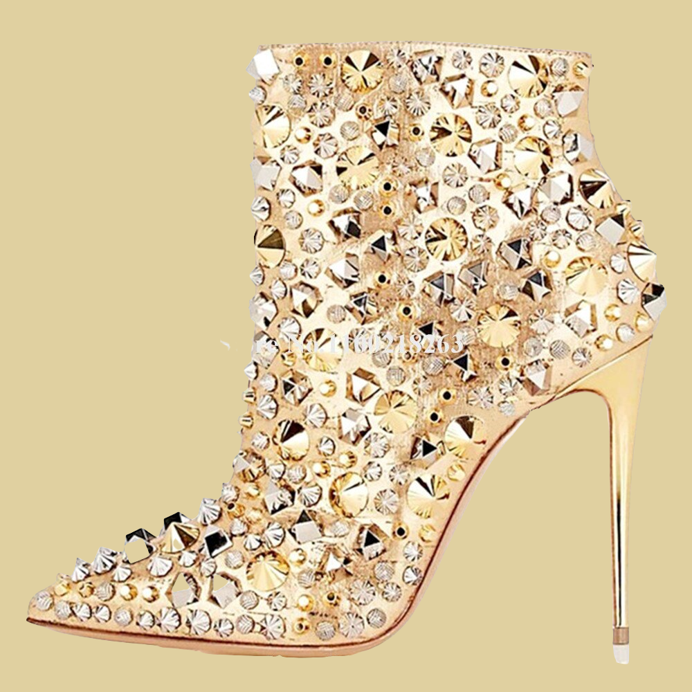 Sparkling Metal Rivet Design Pointed Toe Gold/ Silver/Black Studs Stiletto Heel Women's Ankle Boots