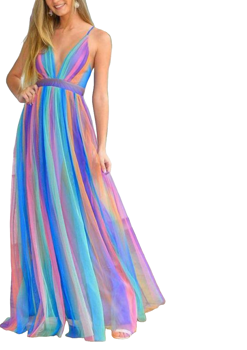 Chiffon Rainbow Colorblock Striped Mesh Spaghetti Strap V-Neck Maxi Dress