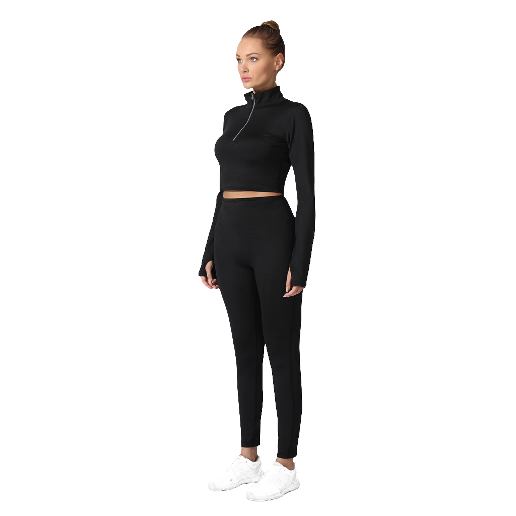 Women's Solid Color Long Sleeve Zipper Pullover Top + Drawstring Leggings Yoga Tracksuit