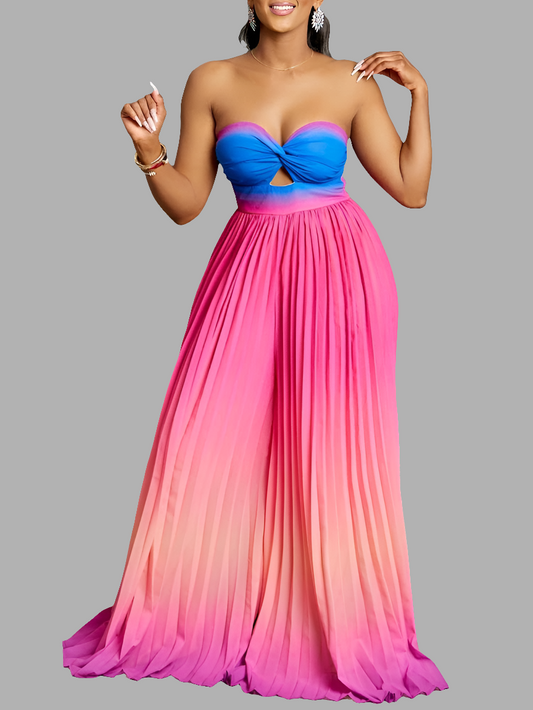 Gradient Ombre Sleeveless Pleated Strapless Wide Leg Tube Jumpsuit to 3X Plus Size