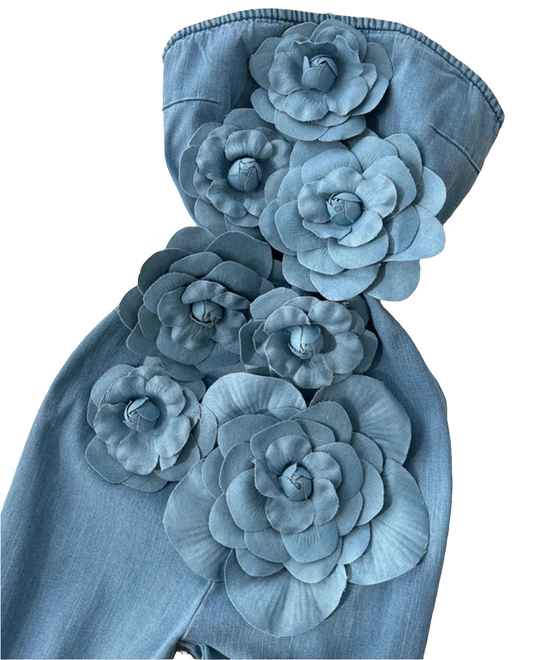 Baby Blue Sleeveless Denim 3D Big Flower Embroidered Tube Streetwear Jean Jumpsuit