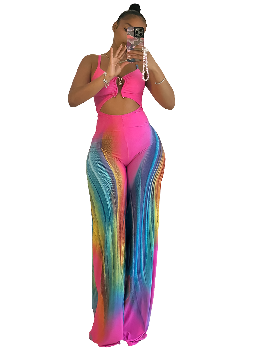 Hot Pink Colorblock Gradient Swirl Print Hollow-Out Sleeveless Jumpsuit