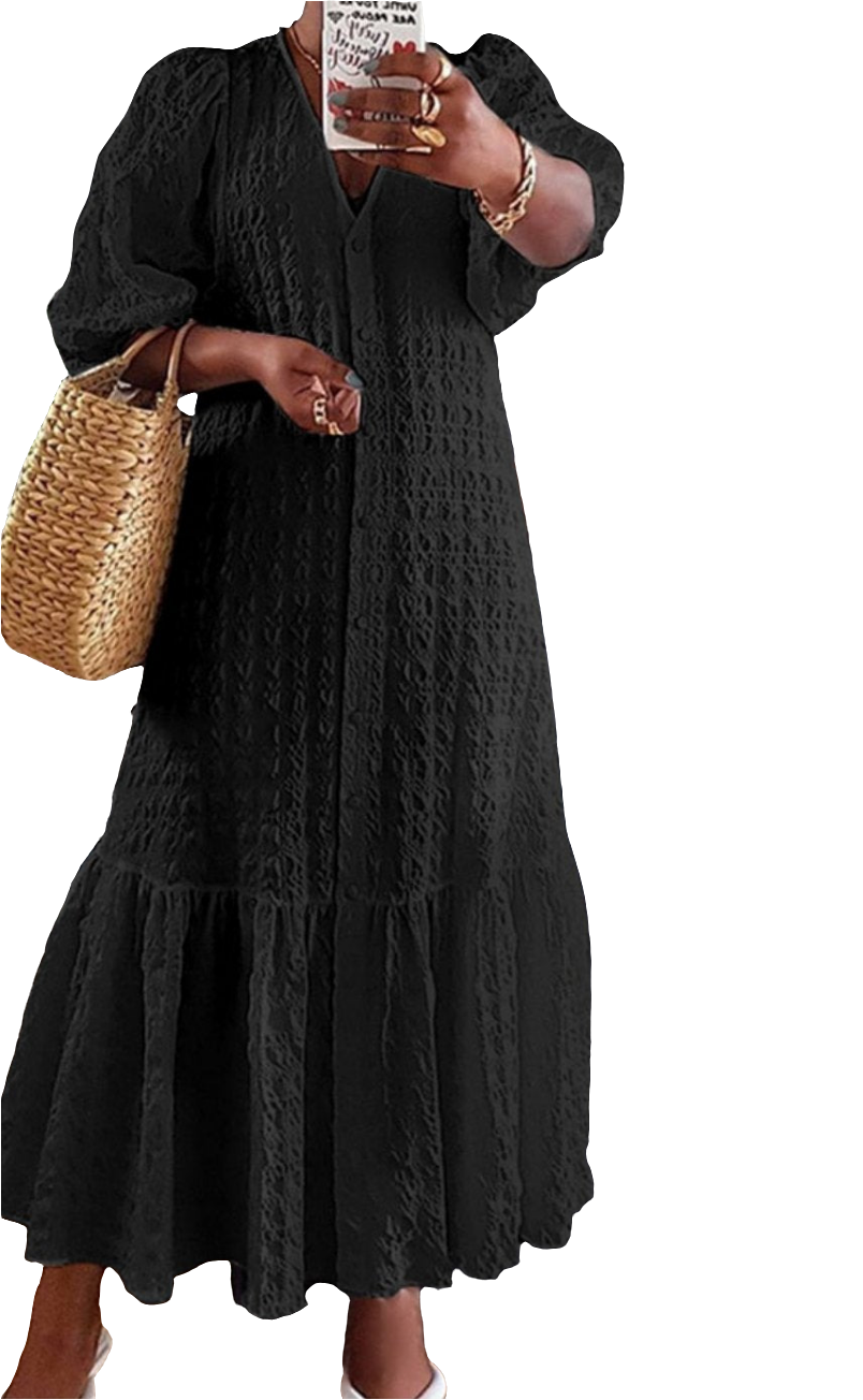 Ruffled Hem Bohemian Button Front Solid Color V-Neck Puff 1/2 Sleeve Maxi Shirt Dress to 5X Plus Size