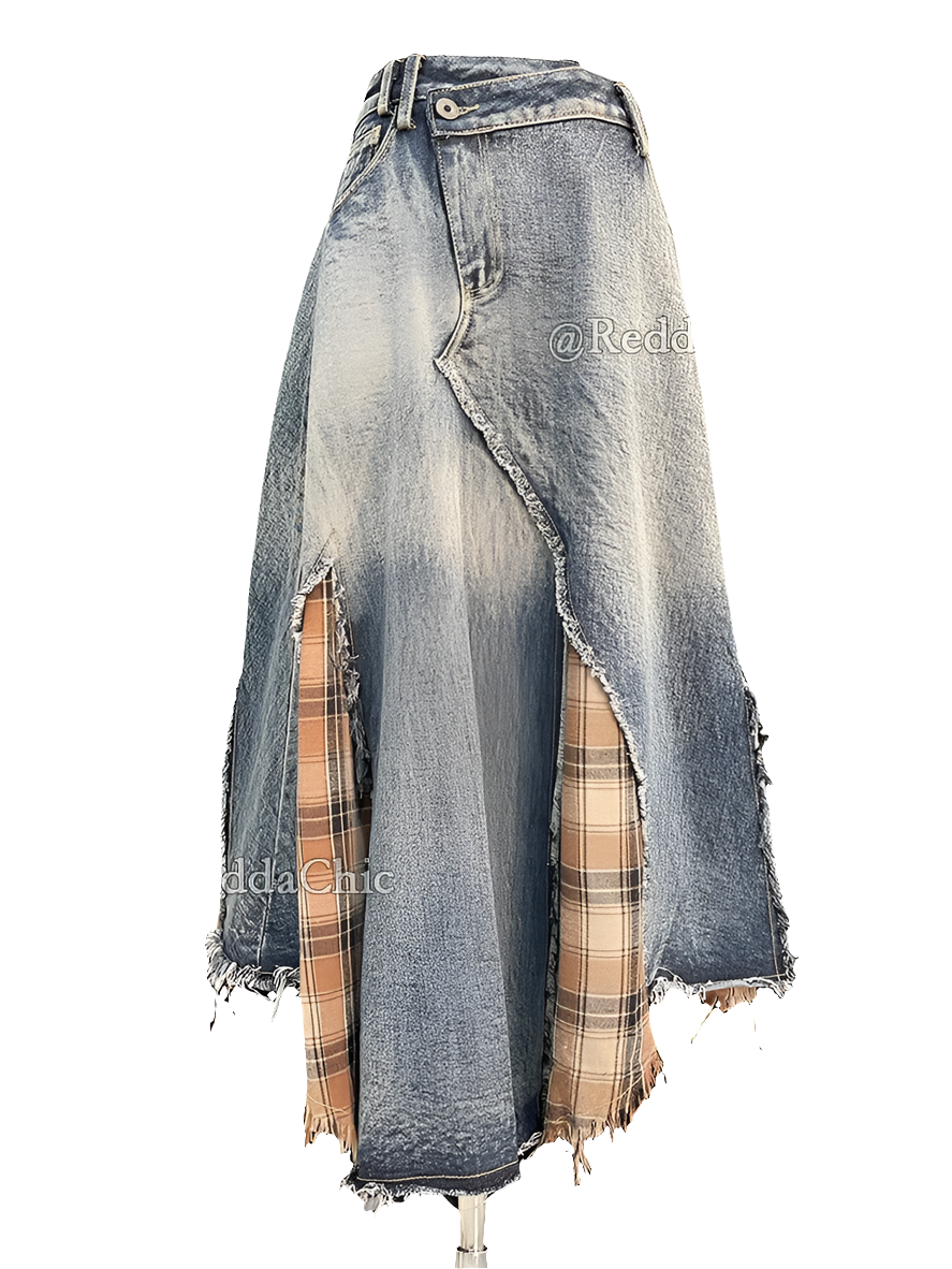 Plaid Retro Denim Blue Ombre Asymmetrical Tartan Stitch Overlay Streetwear Jean Maxi Skirt