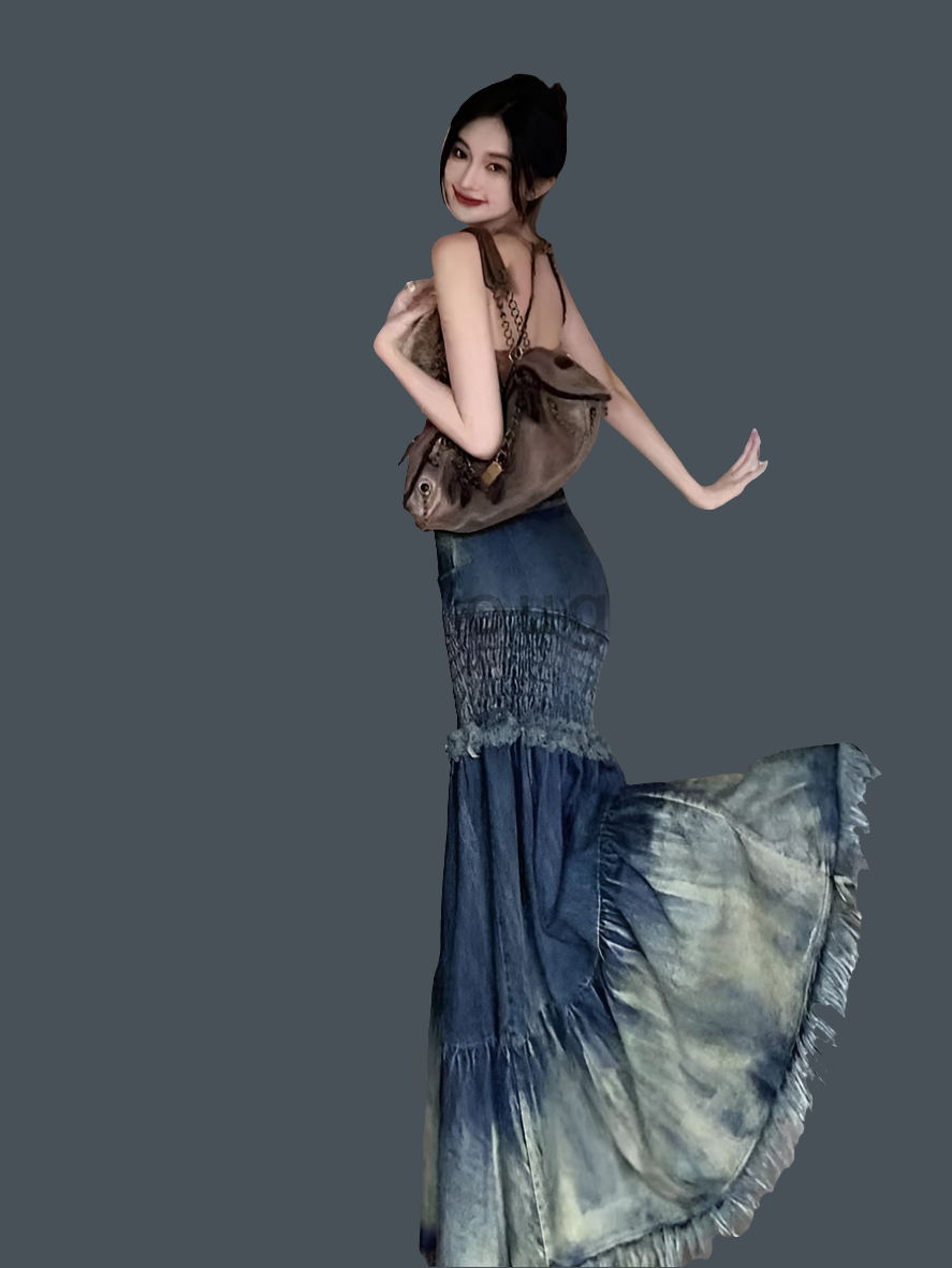 Denim Washed Colorblock Vintage Tassel Fringe Hem Oversized Tiered Ruffled Patchwork Maxi Mermaid Jean Skirt