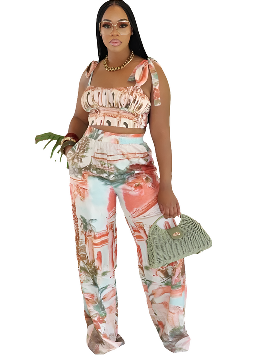 White/Coral Pink Tropical Multi-Color Print Lace-Up Women's Ruched Crop Tank Top + Wide Leg Pants 2-Piece Set