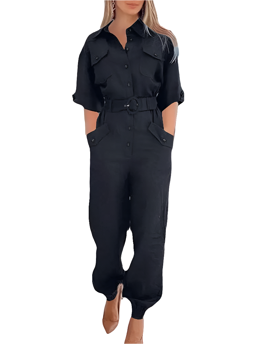 Oversized Solid Lapel Neck Multi-Pocket Cargo Women's Jumpsuit to 5X Plus Size