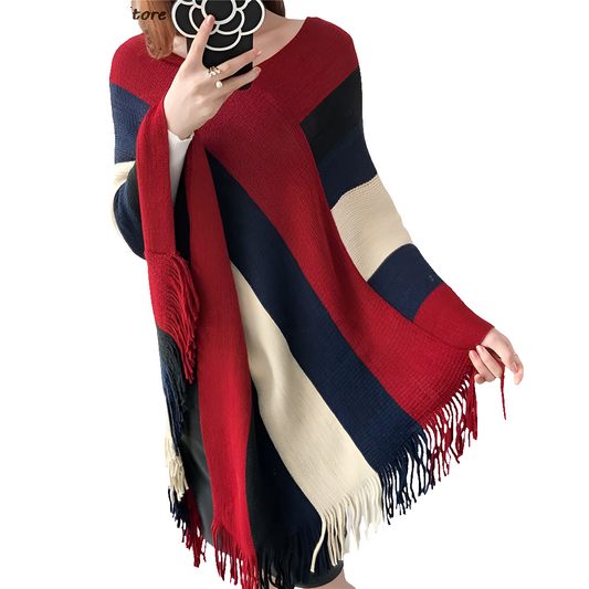 Striped Plaid Blanket Knit Wrap Cashmere Poncho Shawl