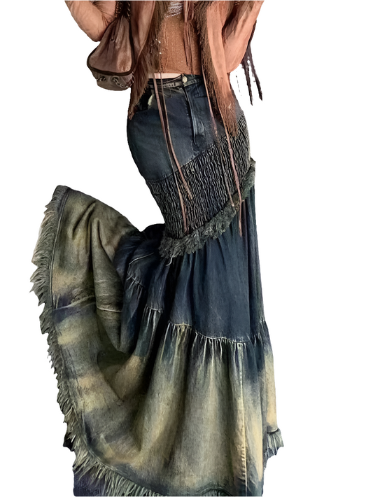 Denim Washed Colorblock Vintage Tassel Fringe Hem Oversized Tiered Ruffled Patchwork Maxi Mermaid Jean Skirt