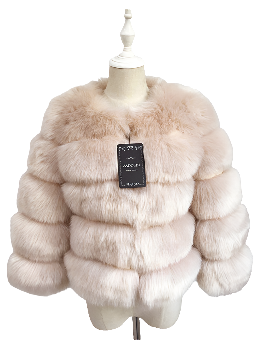 Vintage Solid Faux Mink Fur Ribbed O-Neck Patchwork Women's Jacket to 3X Plus Size