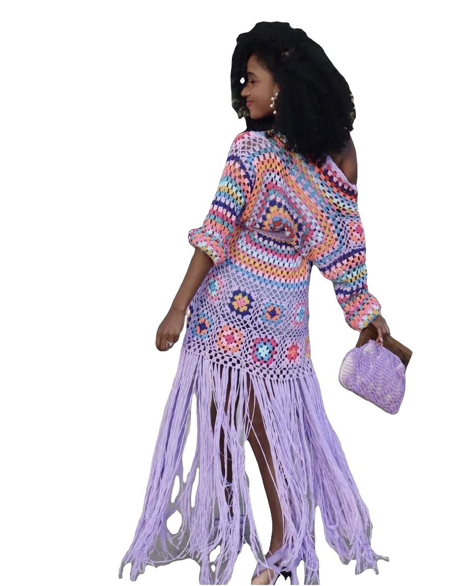 Crochet Rainbow Geometric Vintage African Knitted Long Sleeve Tassel Fringe Maxi Kafka Cardigan Sweater Dress