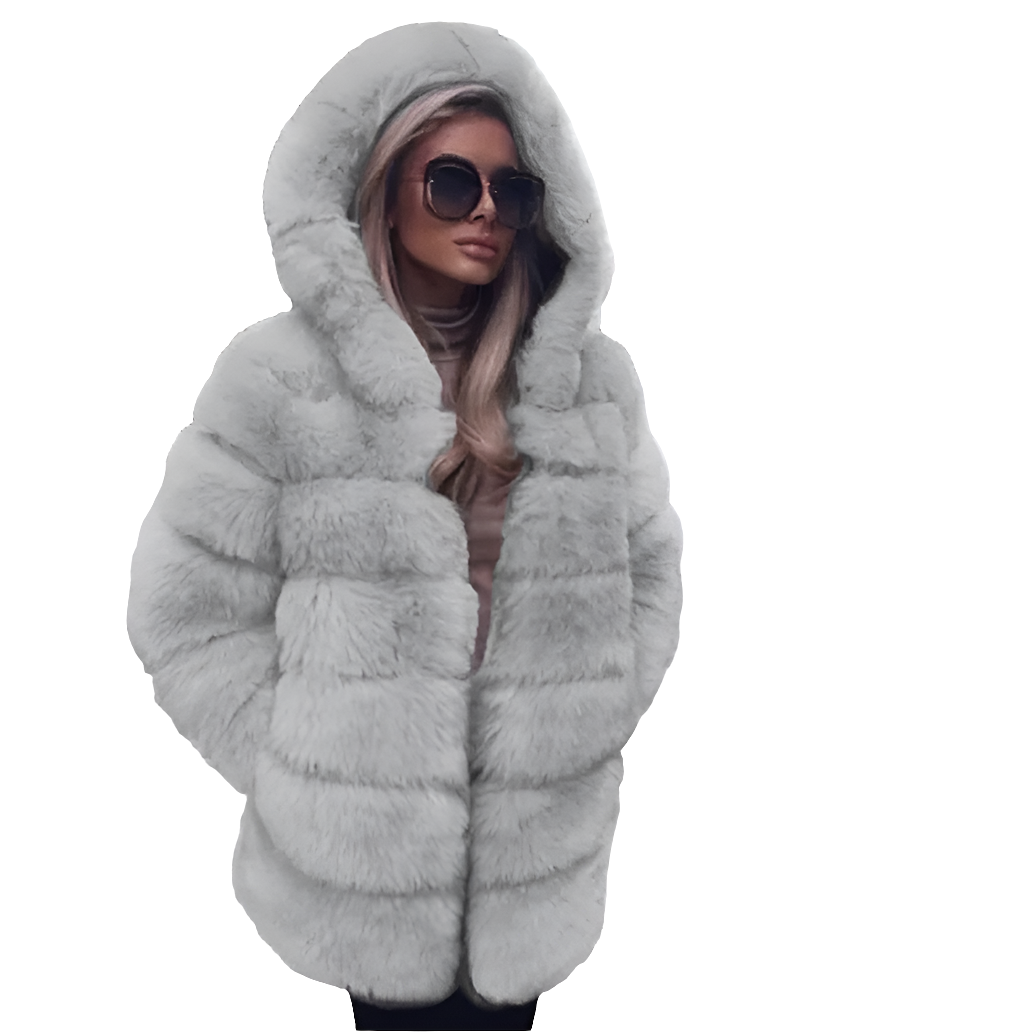 Hooded Ribbed Women's Solid Color Winter Faux Fur Genuine Leather Coat