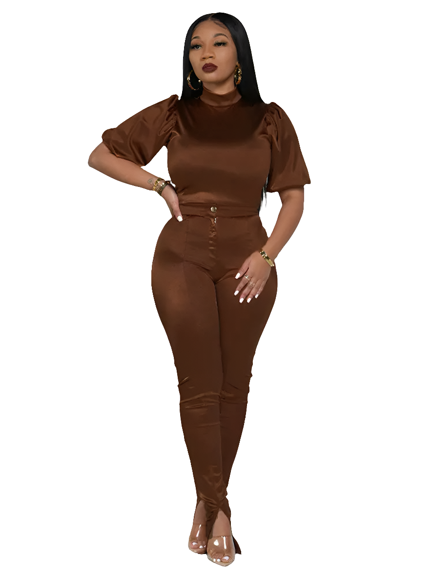 Satin Turtleneck Puff Short Sleeve Blouse + Split Hem Flare Pants 2-Piece Set