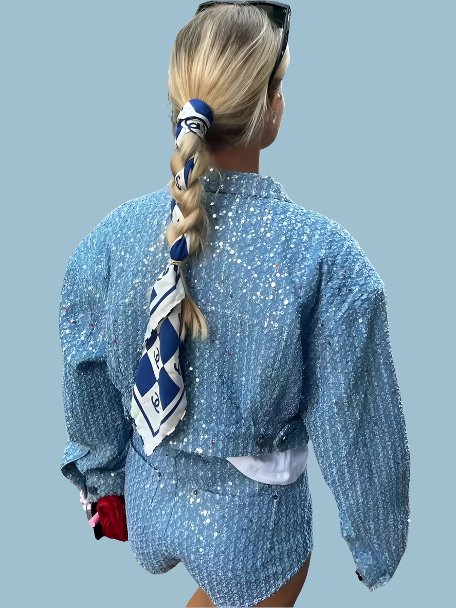 Assorted 2-Piece Sets: Sequined Rhinestone Pocket Design Women's Jeans Jacket/Sleeveless Tube Top & Mini Jean Shorts/Mini Skirt/Jeans 2-Piece Set