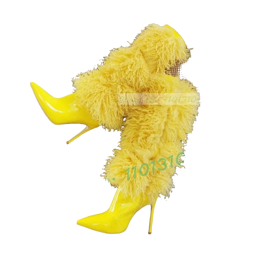 Yellow Glossy Patent Leather Curly Faux Fur Women's Pointed Toe Crosstied Knee-High Boots