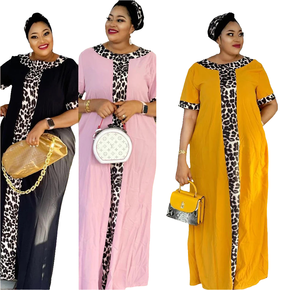 African Oversized Colorblock Leopard Short Sleeve Maxi Dress