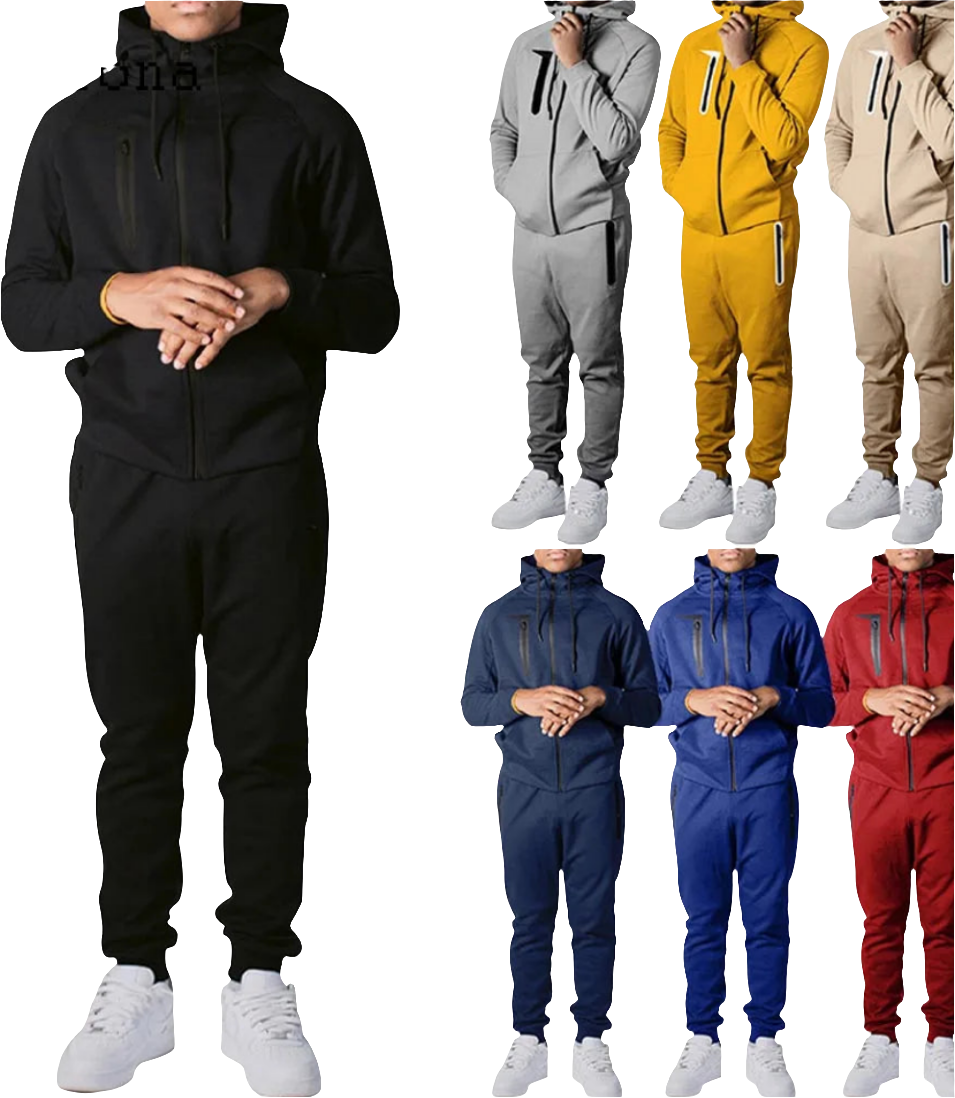 Men's Drawstring Zipper Cut-Out Hoodie Sweat Jacket + Elastic Waist Sweatpants Tracksuit