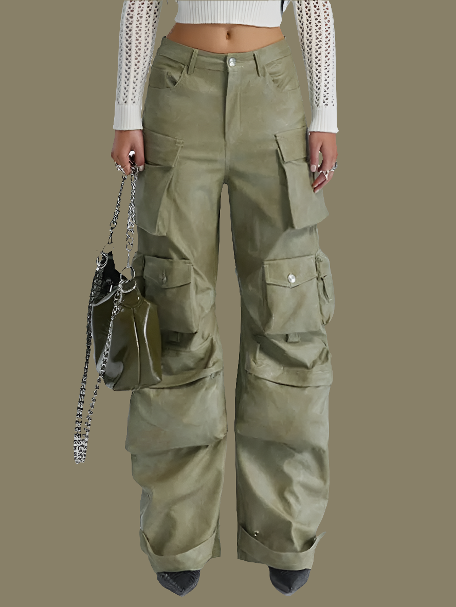 Patchwork Solid Color Baggy Stacked PU Leather Wide Leg Women's Cargo Pocketed Pants