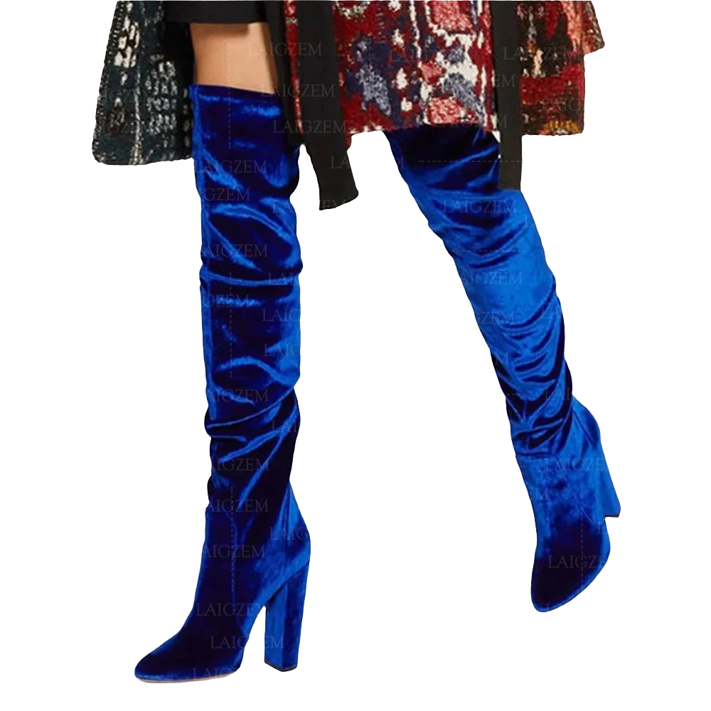 Velvet Solid Color Over-the-Knee Elastic Slip-On Wedge Platform Heel Boots