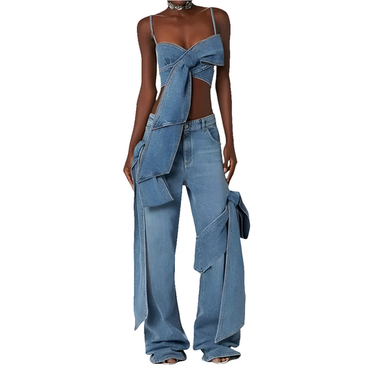 Denim Oversized Bowtie Detail Bandage Crop Top + High Waist Wide Leg Cargo Jeans Ladies 2-Piece Set