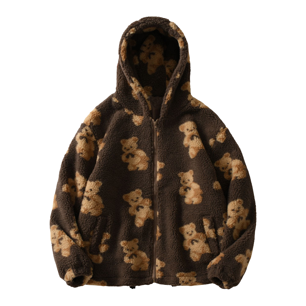 Men's Fleece Teddy Bear Print Fleece Zipper Hoodie Jacket