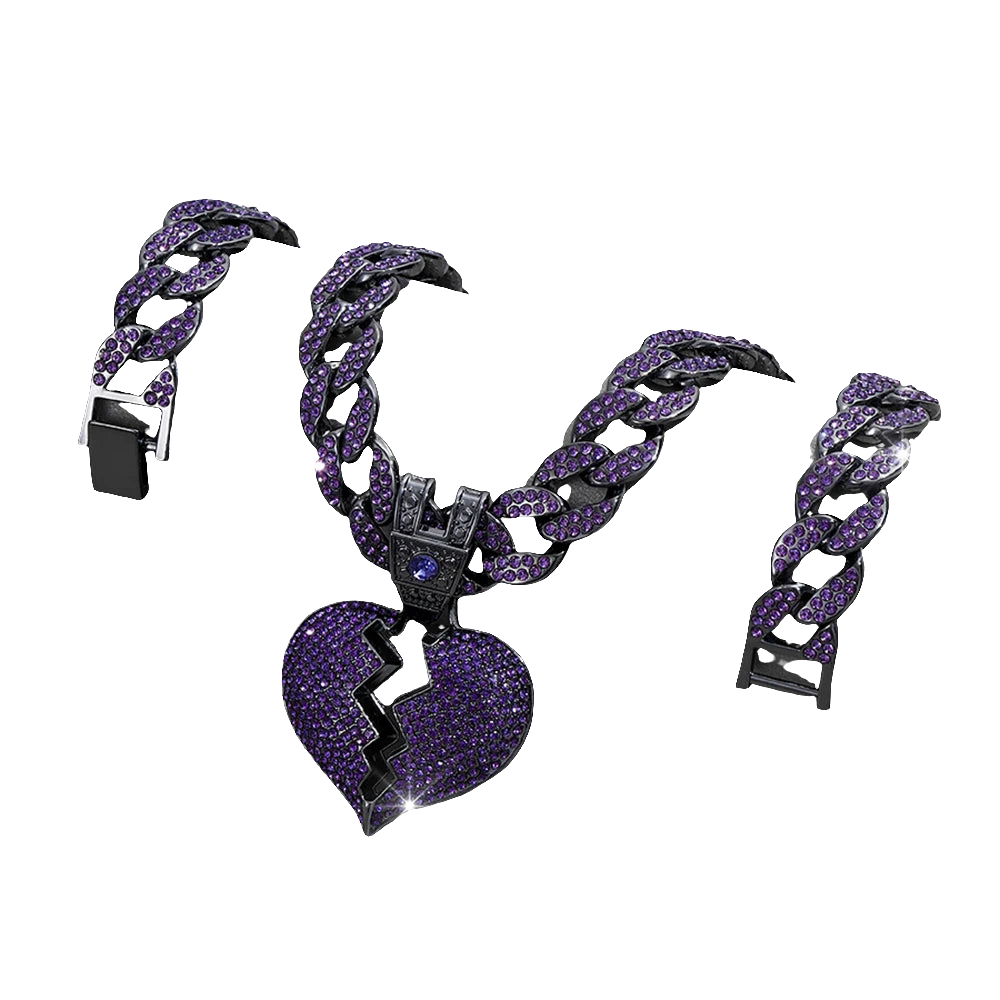 Purple Broken Heart Pendant Cuban Iced Out Hip-Hop Chain