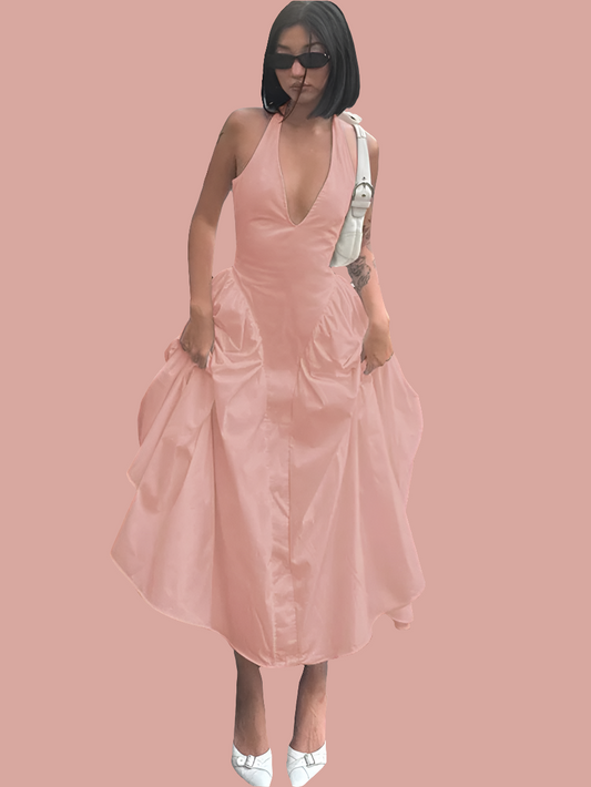 Sleeveless Halter Backless Deep V-Neck Solid Color Big Swing Maxi Dress