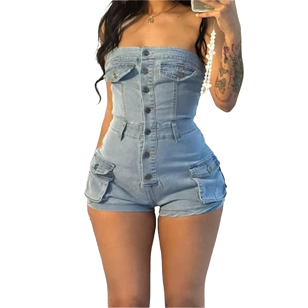 Denim Strapless Tube Top Bodycon Multi-Pocket Sleeveless Skinny Cargo Jean Shorts Romper