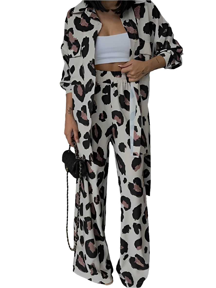 Leopard Print Long Sleeve Turn-Down Collar Blouse + Wide Leg Pocketed Pants Two-Piece Sets