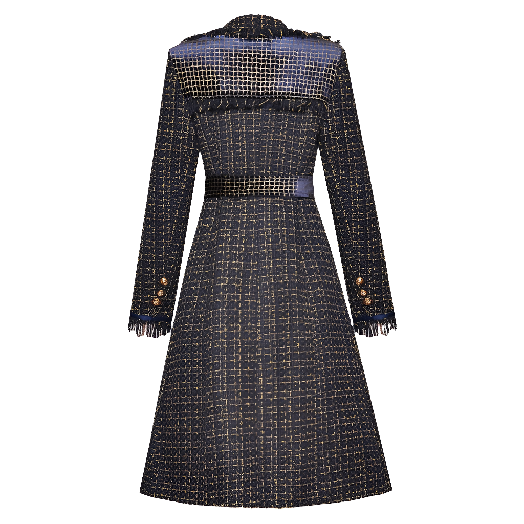 Plaid Wool Tassel Fringe Design Women's Oversized Pocket Single-Breasted Long Sleeve Trenchcoat w/ Belt