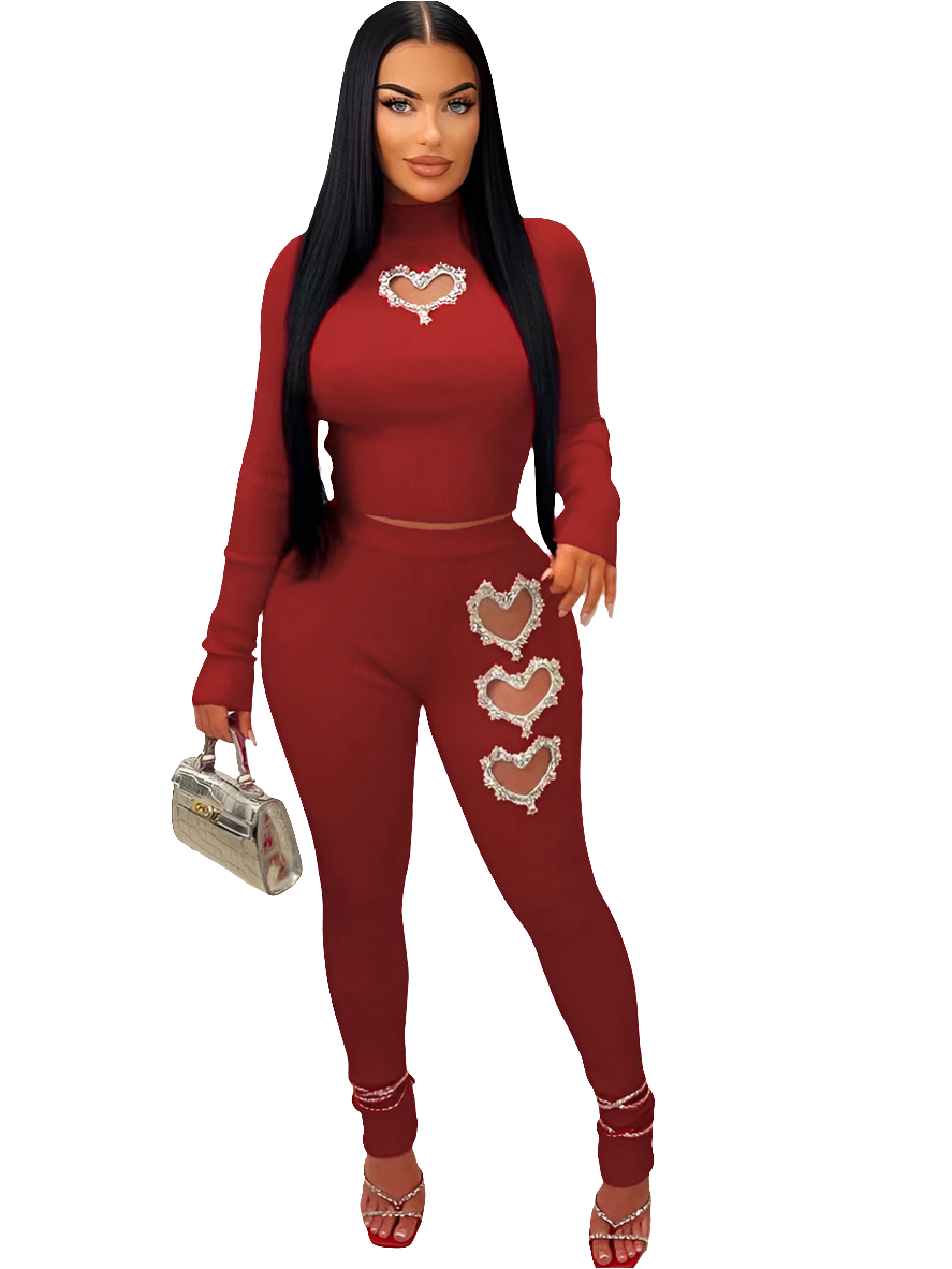 Cut-Out Rhinestone Crystal Sequin Heart Design Women's Ribbed Long Sleeve Top + Matching Leggings 2-Piece Set