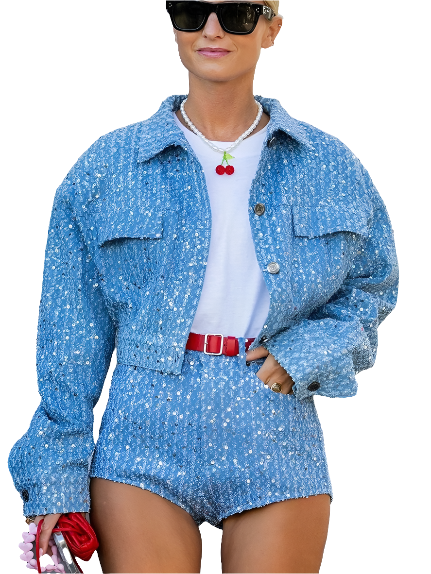Assorted 2-Piece Sets: Sequined Rhinestone Pocket Design Women's Jeans Jacket/Sleeveless Tube Top & Mini Jean Shorts/Mini Skirt/Jeans 2-Piece Set