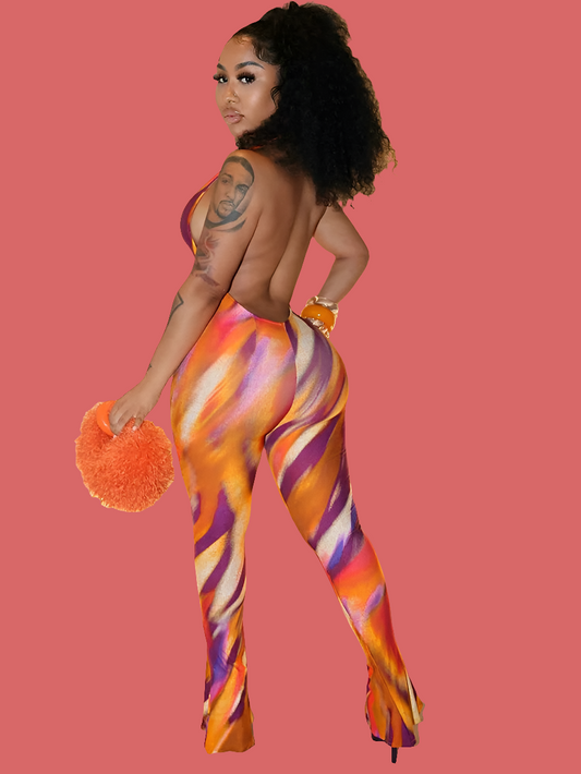 Geometric Swirl Print Panelled Women's Halter Bandage Backless Sleeveless Jumpsuit