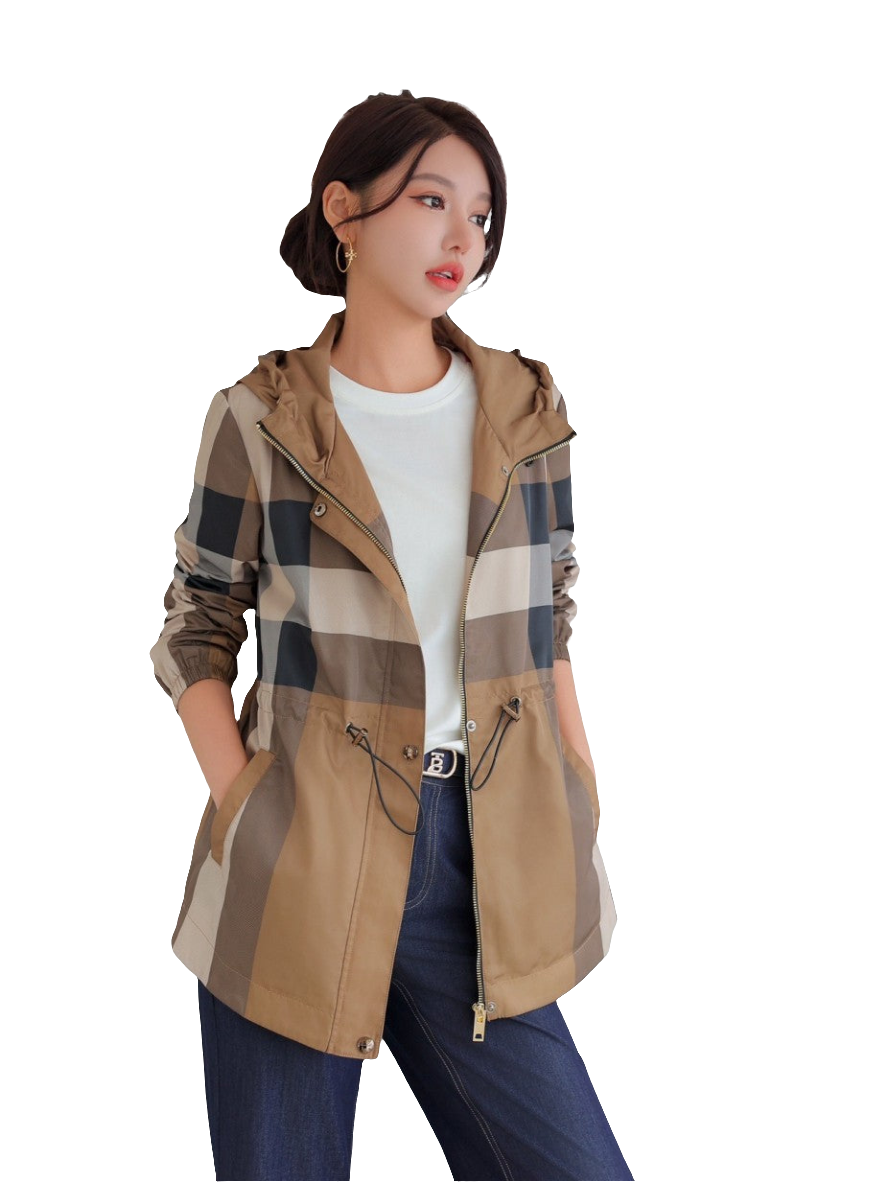 British Plaid Women's Drawstring Midi Length Length Hoodie Coat