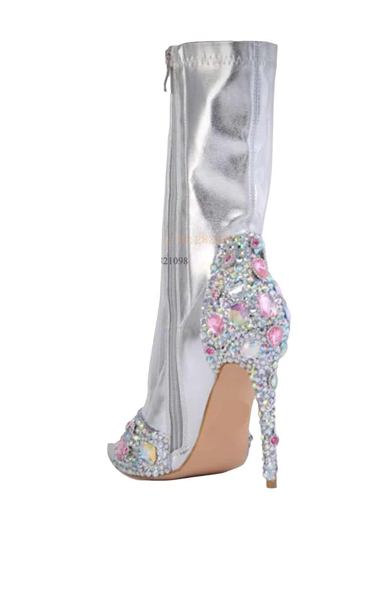 Metallic Retro Silver Gem Embellished Patchwork Peep Toe Stiletto Heel Ankle Boots