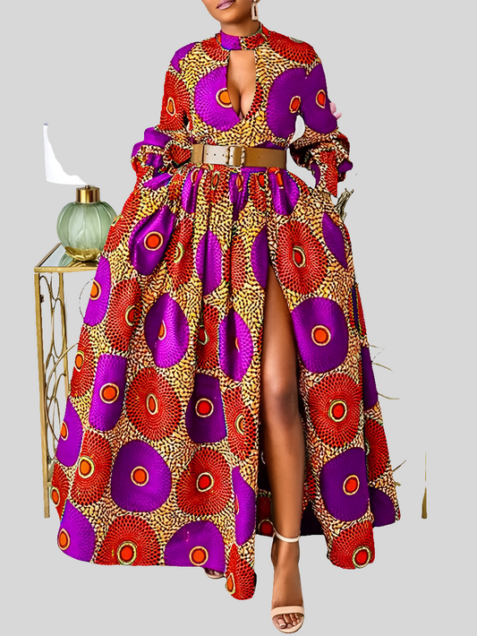 African Floral Print Hollow-Out Long Sleeve High Slit Maxi Sundress