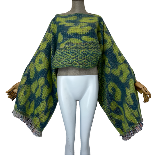 Knitted Green/Blue Leopard Long Sleeve Women's Maxi Cloak Poncho Sweater