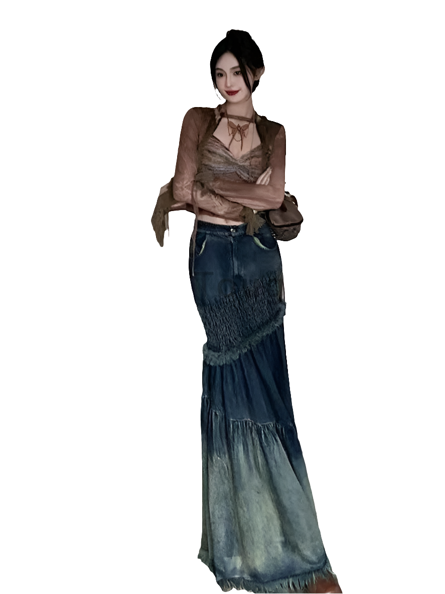 Denim Washed Colorblock Vintage Tassel Fringe Hem Oversized Tiered Ruffled Patchwork Maxi Mermaid Jean Skirt