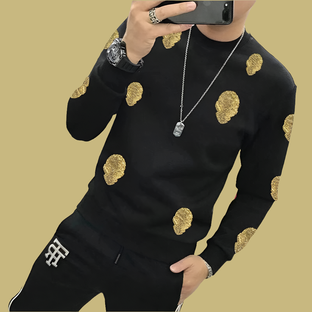 Men's Rhinestone Skull Print Pullover Long Sleeve Round Neck Fleece Sweatshirt