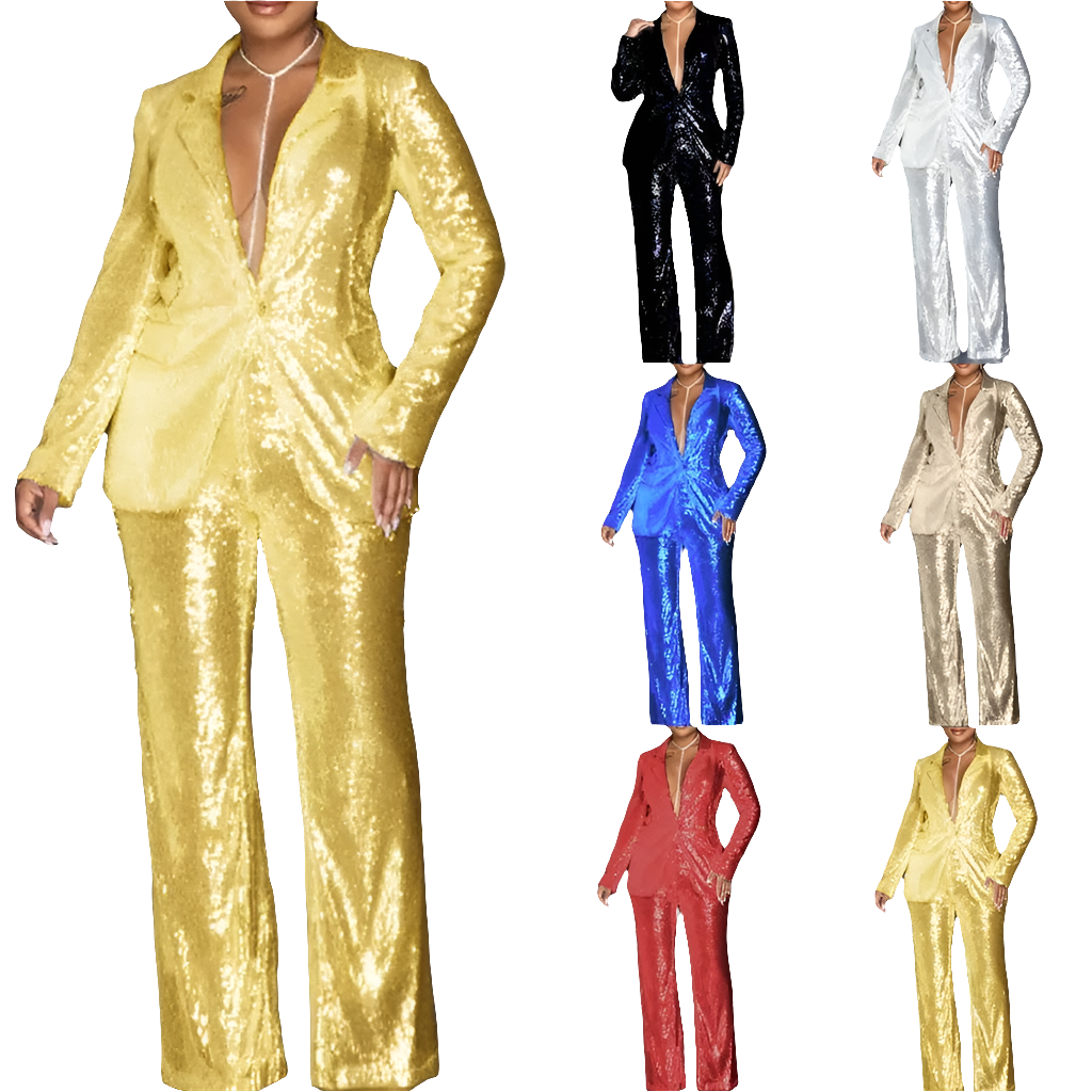 Sequined Sparkling Long Sleeve Blazer + High Waist Wide Leg Pants Women's Formal Party Suit