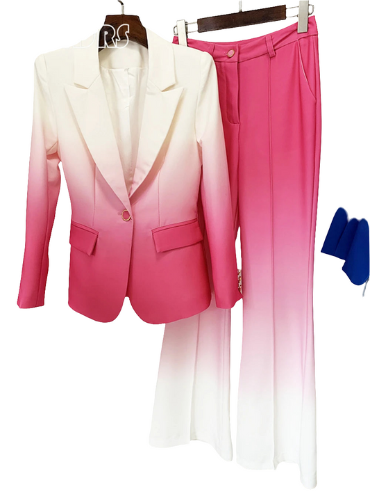 Gradient Colorblock Skinny Notched Women's Single Button Blazer Jacket + Flared Leg Pants Formal Suit