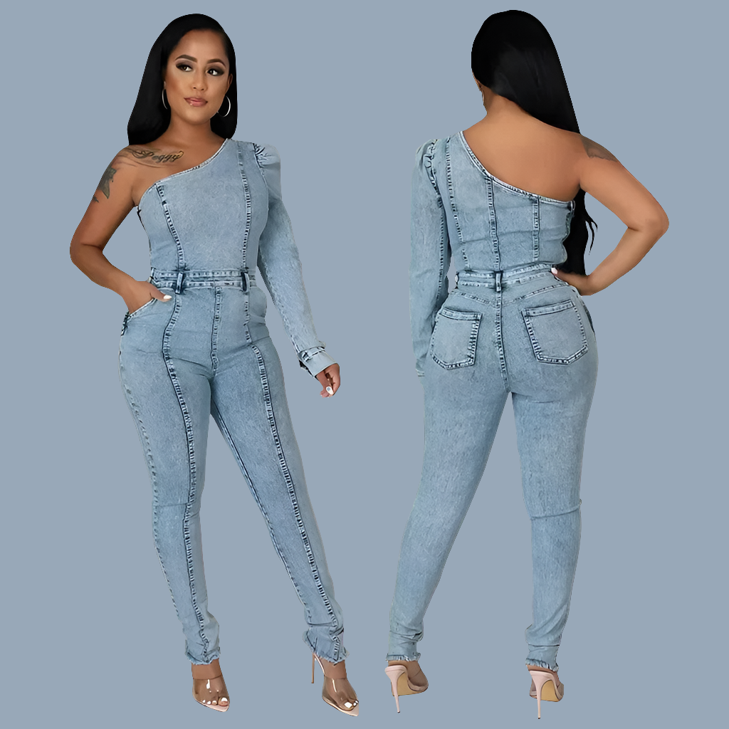 Denim Faded Blue Washed One Long-Sleeve Asymmetrical Women's Jean Jumpsuit