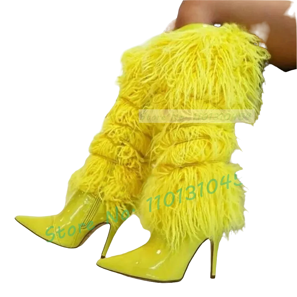 Yellow Glossy Patent Leather Curly Faux Fur Women's Pointed Toe Crosstied Knee-High Boots