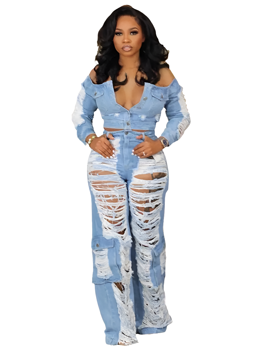 Solid Ripped Women's Hipster Hollow-Out High Waist Straight Denim Jeans