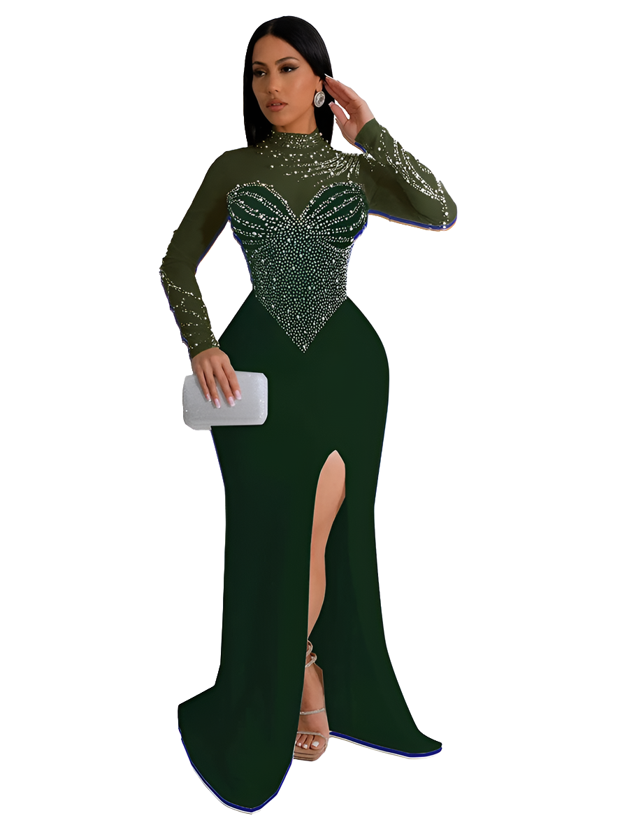 Mesh Sheer Transparent Patchwork Long Sleeve Diamond Rhinestone Mermaid Prom Formal Floor-Length Dress