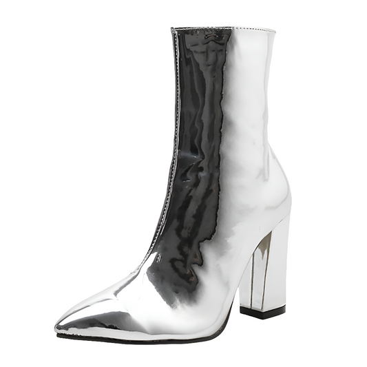 Metallic Patent Leather Women's Pointed Toe Square Heel Ankle Boots