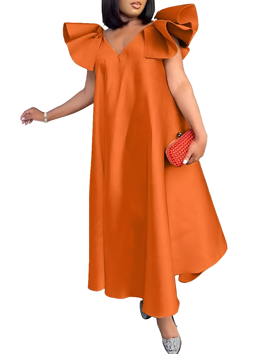 Satin Oversized V-Neck Long Ruffled Short Butterfly Sleeve Plus Size Maxi Dress to 5X